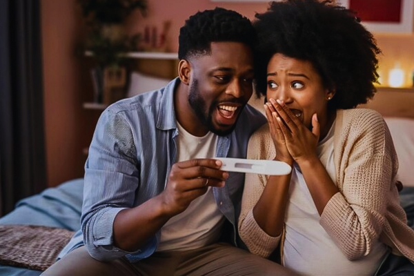 Happy couple smiling with joy in their bedroom after receiving a positive pregnancy test result, following a successful journey supported by Hormone Replacement Therapy (HRT)