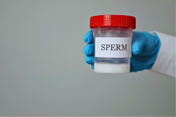 Close-up of a scientist holding a container with sperm sample against a grey background, illustrating advancements in male infertility treatment