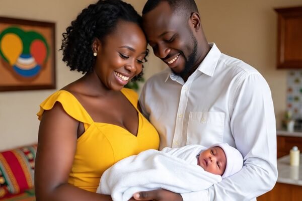 A joyful Nigerian couple at home holding their newborn baby, smiling with emotion and pride in a cozy middle-class Nigerian living room—symbolizing a successful IVF journey and answering the question, "Which Hospital in Nigeria is Best for IVF?" with a scene of fulfilled parenthood.